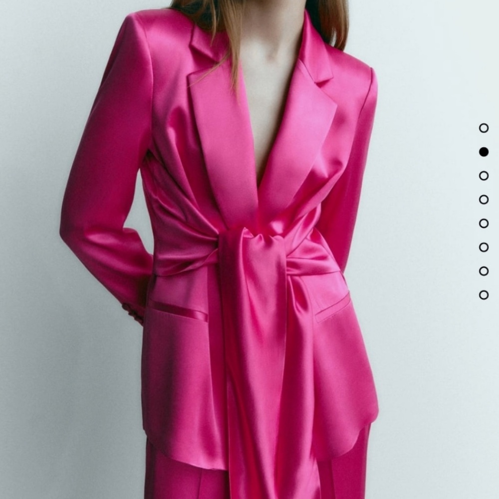 New Zara Pink Satin One Button Structured Tie Sash Front Blazer - Picture 9 of 16